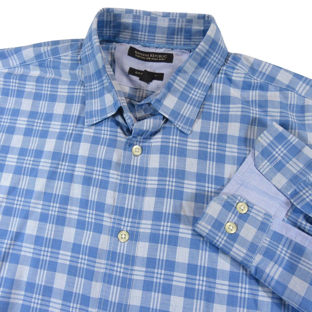 Banana Republic Mens Button Down Shirt L Grant Fit Light Blue Plaid 078 Wash